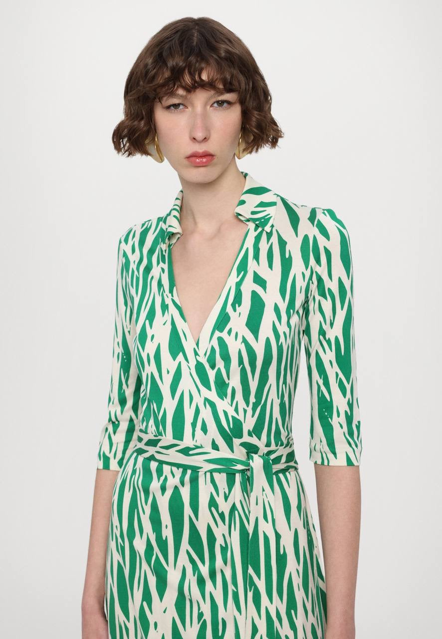 DVF Twig Green Silk Jersey Wrap Midi Dress