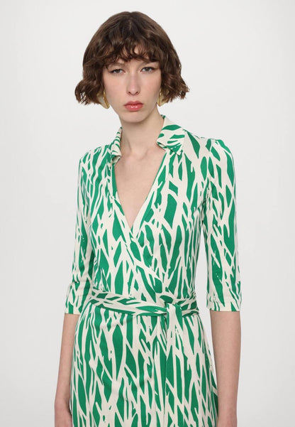 DVF Twig Green Silk Jersey Wrap Midi Dress