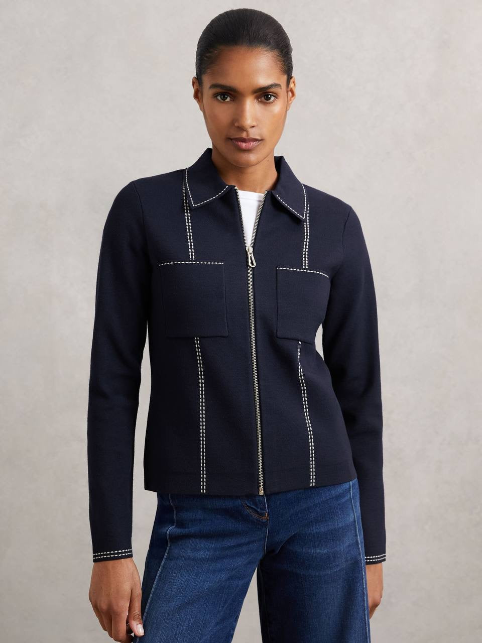 RS Ivy Stitch-Detail Zip-Through Cardigan