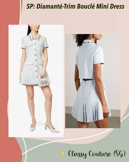 SP Diamante-trim Blue Boucle Pleated Skirt Mini Dress