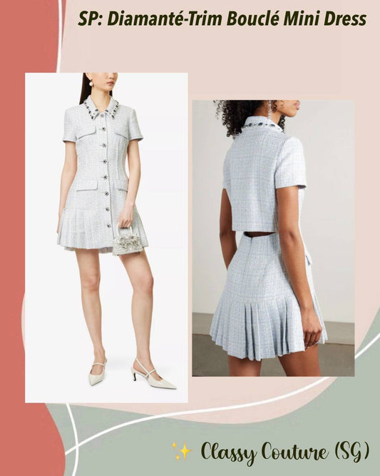 SP Diamante-trim Blue Boucle Pleated Skirt Mini Dress