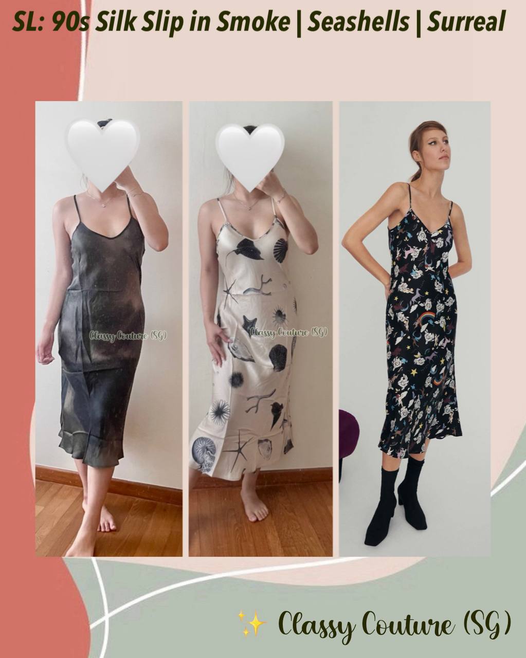 SL 90s Silk Slip Midi Dress in Seashells | Smoke | Surreal Black