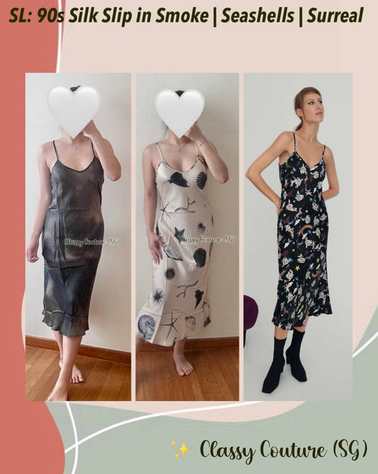 SL 90s Silk Slip Midi Dress in Seashells | Smoke | Surreal Black