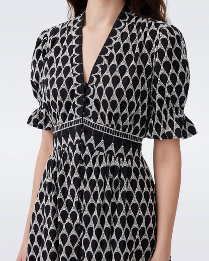 DVF Erica Cotton Midi Dress in Black/Ivory