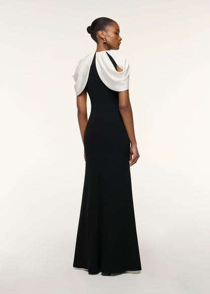 RM Gathered Contrast Shawl Crystal Trim Neckline Gown Maxi Dress in Black/white