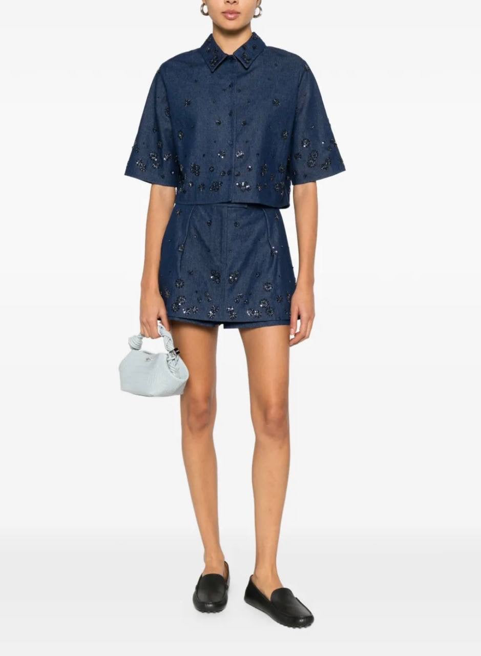 MJ Cobradi Crop Top | Jobradita Midi Skirt | Layered Shorts Skort | Embroidered Denim Embellished Crystal Set