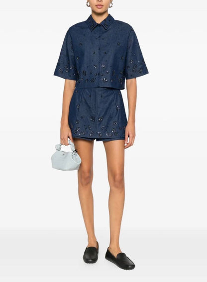 MJ Cobradi Crop Top | Jobradita Midi Skirt | Layered Shorts Skort | Embroidered Denim Embellished Crystal Set