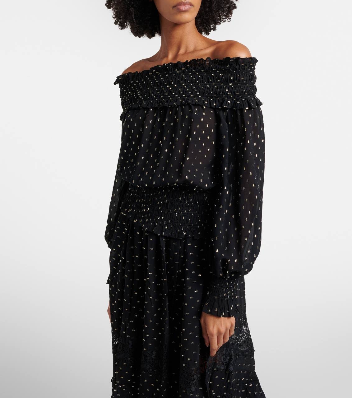 SP Black And Gold Chiffon Off Shoulder Top | Tiered Maxi Skirt | Set