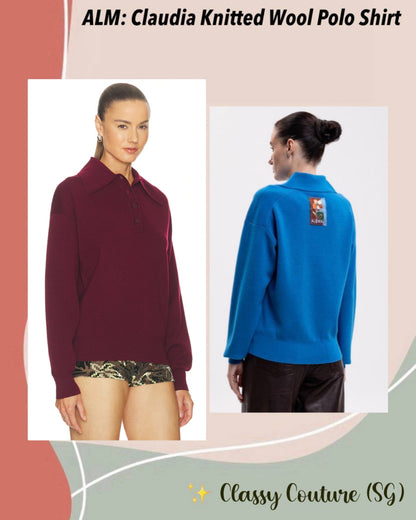 ALM035 Plum & Blue Retro Patch Knitted Wool Polo Shirt Sweater