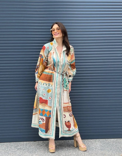 ALM Michelle Long-Sleeve Linen Shirtdress Midi Dress