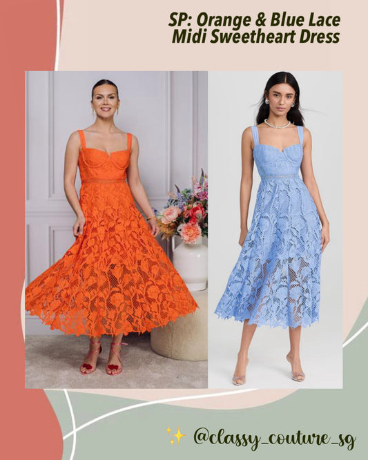 SP Orange & Blue Lace Midi Sweetheart Dress