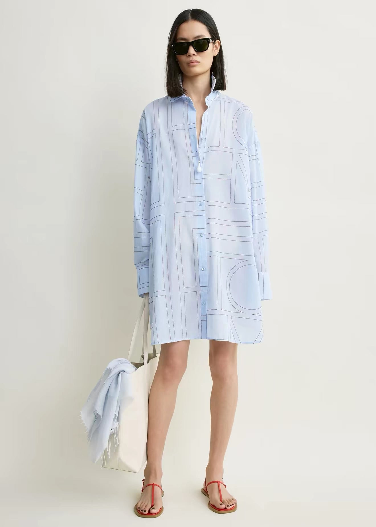 4 Colors! Tot Long Summer Cotton-blend Embroidered Monogram Oversized Shirt Shirtdress Mini Dress