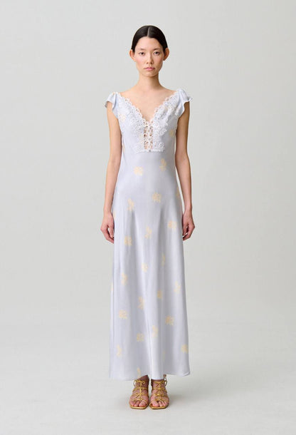 CP Viscose Satin Blue Floral Print Lace-front Maxi Dress