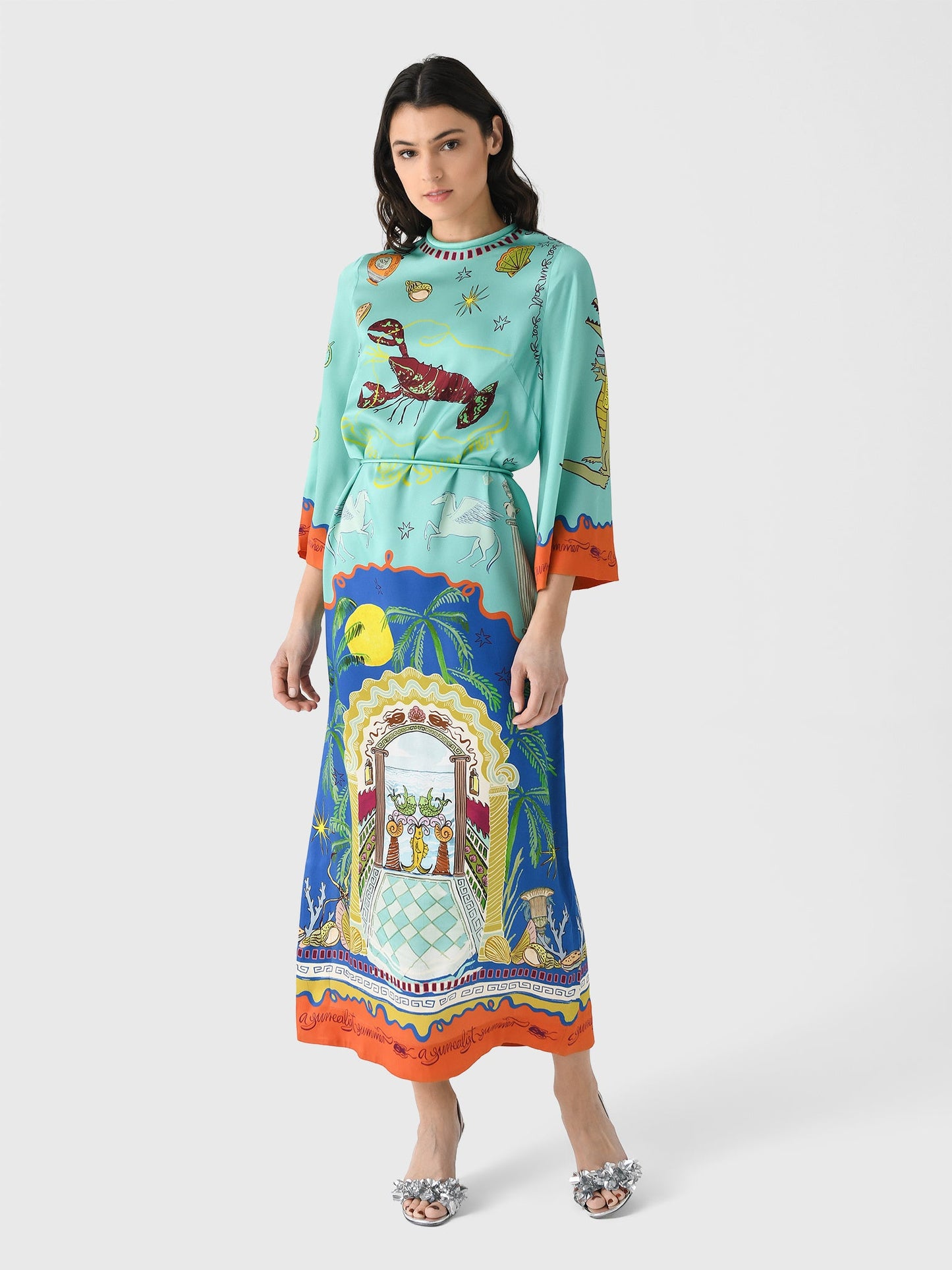 ALM Surrealist Summer Silk Satin Midi Maxi Dress