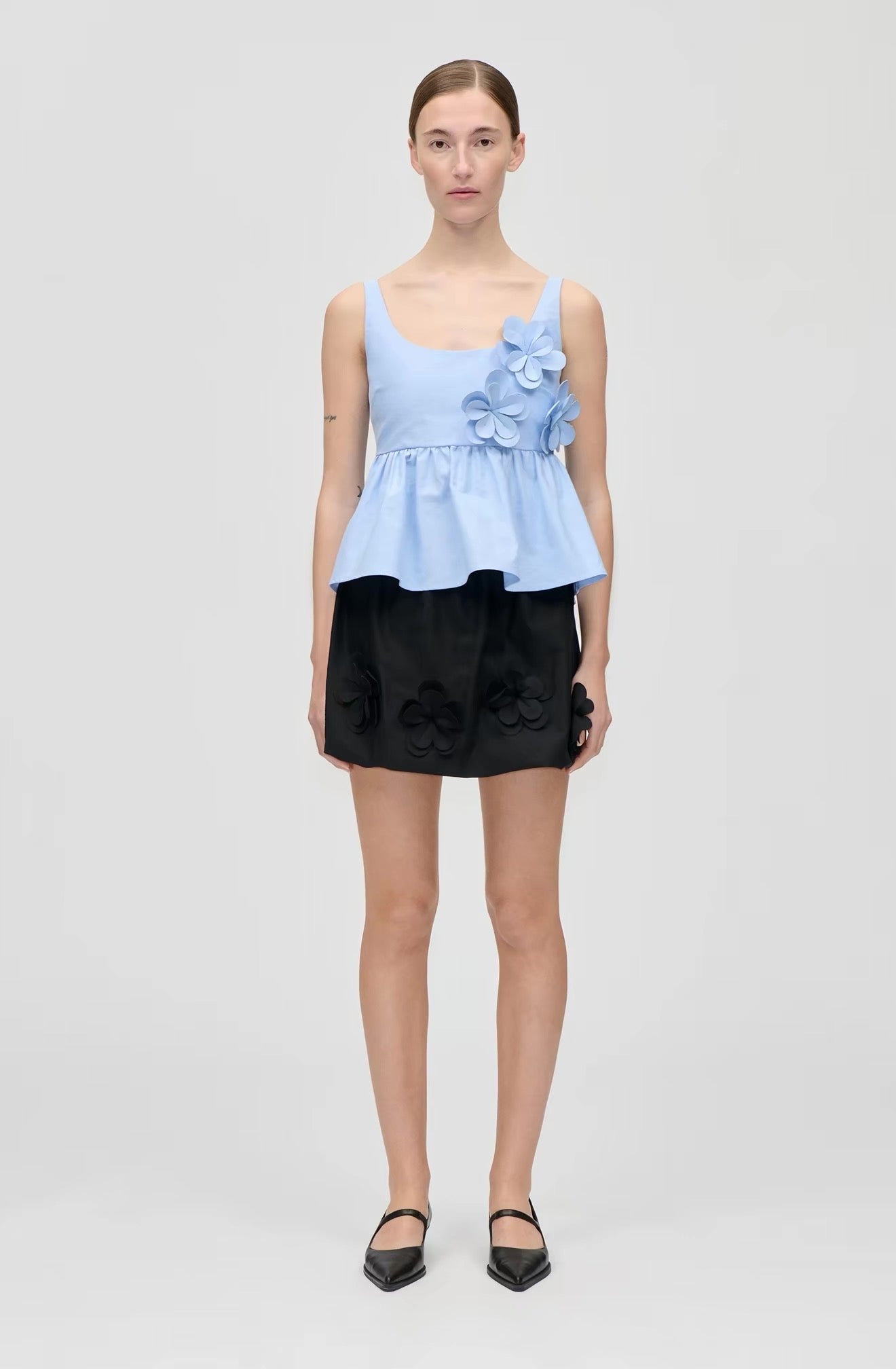 SG 3D Floral Appliqué Peplum Top | Shirt | Mini Skirt | Cotton Set