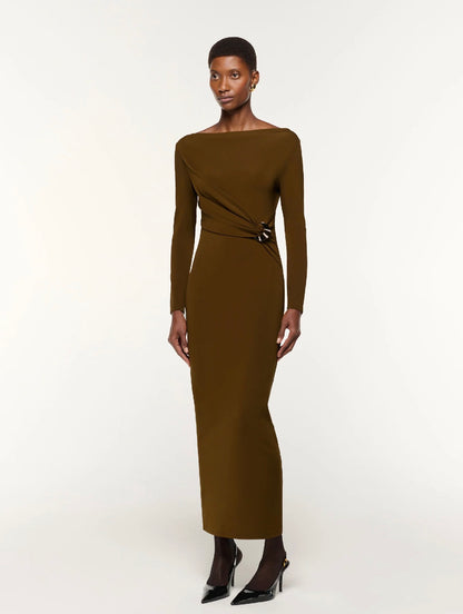 RM Khaki Jersey Twist Drape Metal Trim Stretch-Viscose Midi Dress
