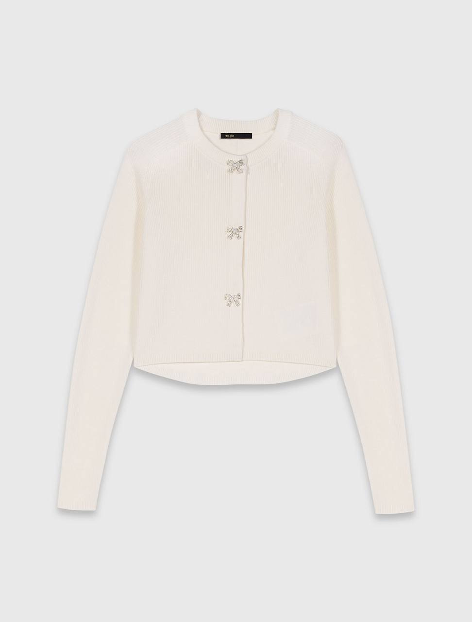 Jewelled Bow-Button Wool Cardigan in Cream & Navy