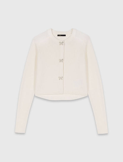 Jewelled Bow-Button Wool Cardigan in Cream & Navy