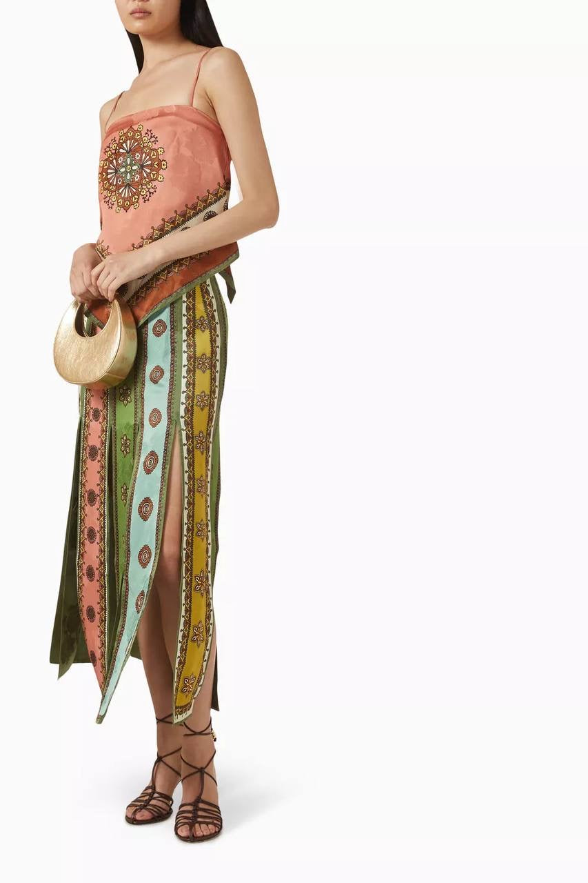 ALM Contina Printed Scarf Cami Top | Midi Maxi Slit Skirt | Jacquard Viscose Set
