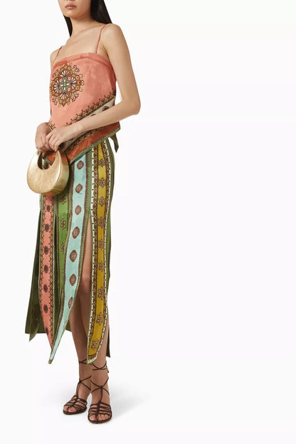 ALM Contina Printed Scarf Cami Top | Midi Maxi Slit Skirt | Jacquard Viscose Set