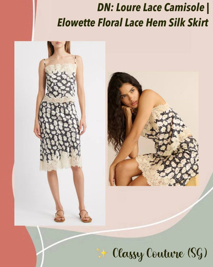DN Loure Lace Camisole Top |  Elowette Floral Lace Hem Silk Midi Skirt | Set