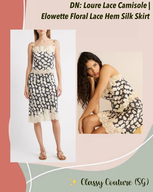 DN Loure Lace Camisole Top |  Elowette Floral Lace Hem Silk Midi Skirt | Set