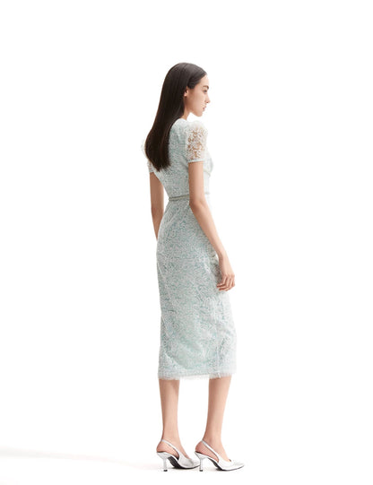 SP Cream & Mint Lace Diamante Midi Dress