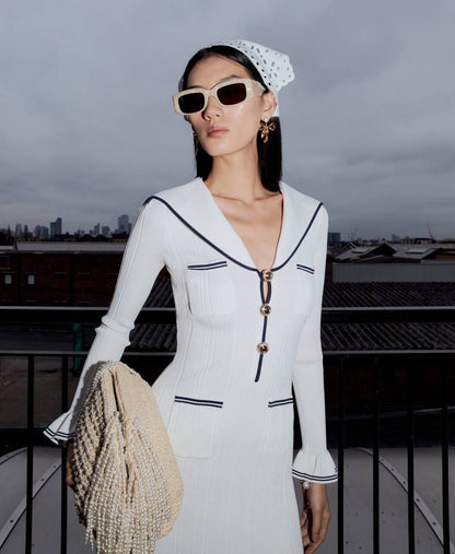 SP White Viscose Rib Knit Collar Long Sleeve Midi Dress