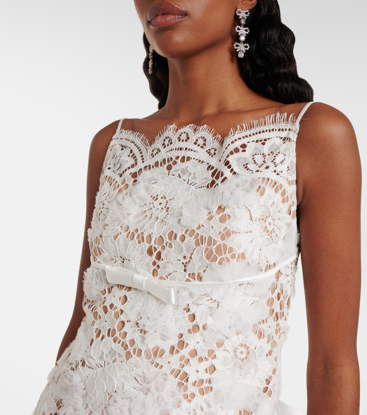 SP White Lace Scalloped-Hem Bow Open Back Mini Dress
