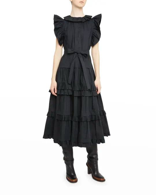 UJ Elsie Ruffle Sleeve Cotton Midi Dress in Noir Black