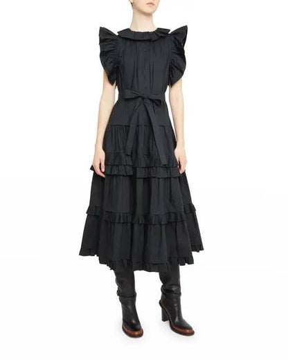 UJ Elsie Ruffle Sleeve Cotton Midi Dress in Noir Black