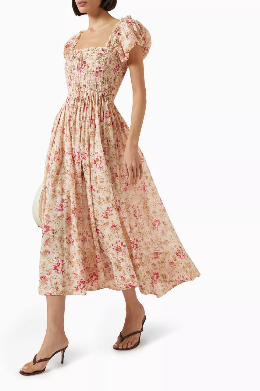 DN Floral Smocked Organic-cotton Midi Dress