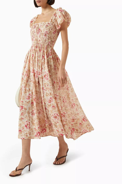 DN Floral Smocked Organic-cotton Midi Dress