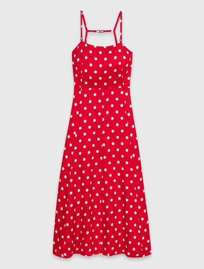 MJ Backless Linen-Blend Red Polka Dot Maxi Dress