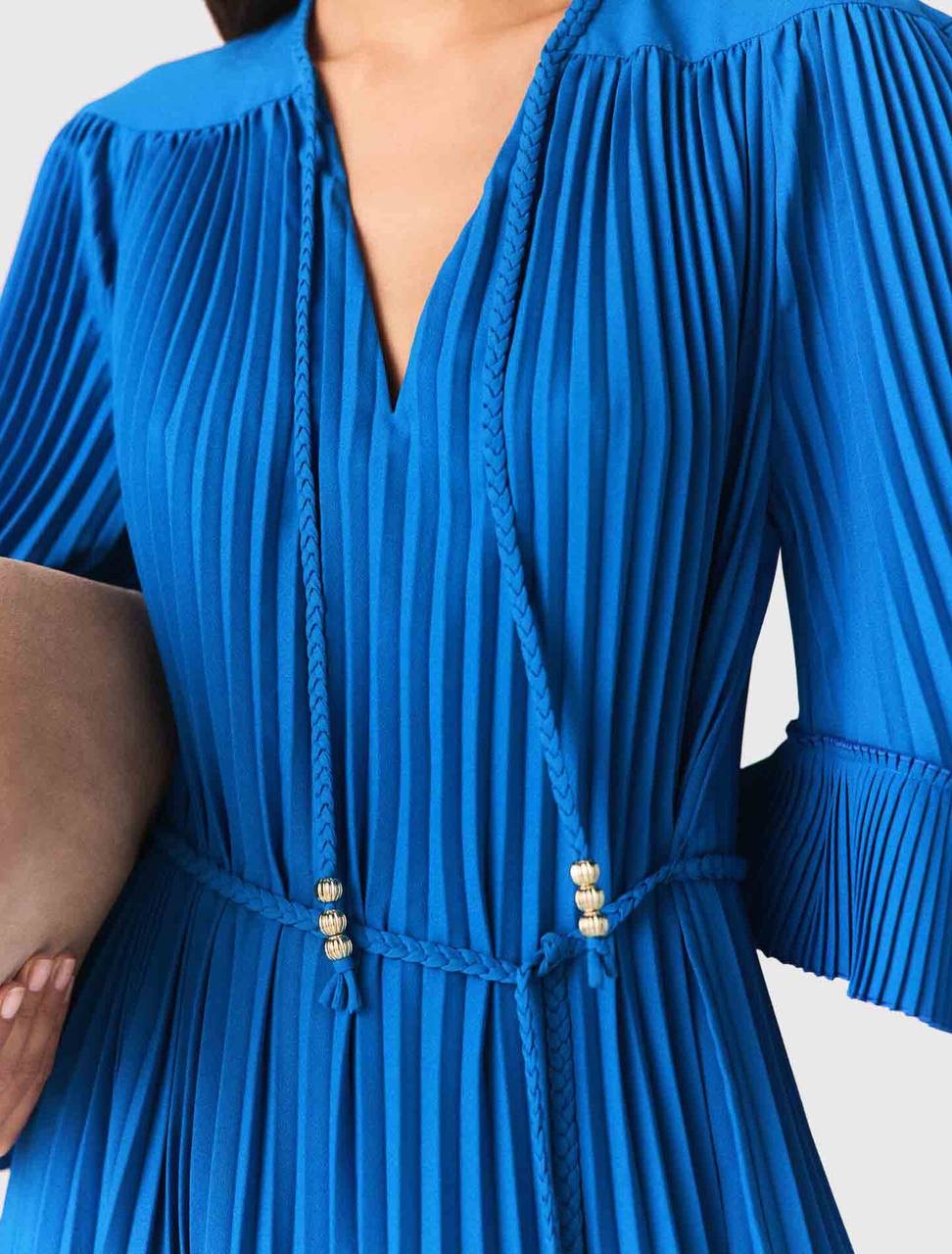 MJ Pleated Braided Drawstring Bell-sleeve Mini Dress