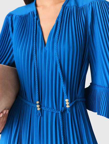 MJ Pleated Braided Drawstring Bell-sleeve Mini Dress