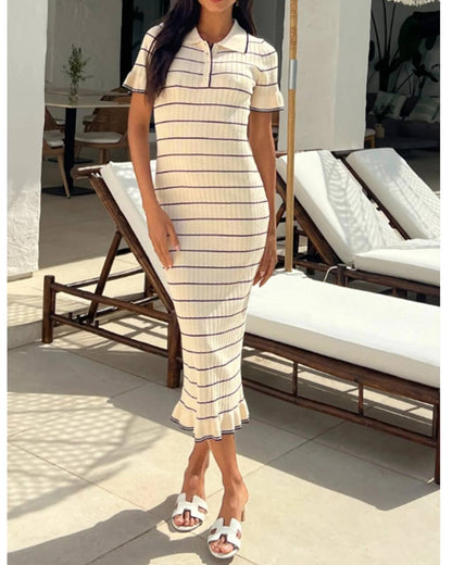 SD Striped Rib Knit Flutter Ruffle Midi Dress
