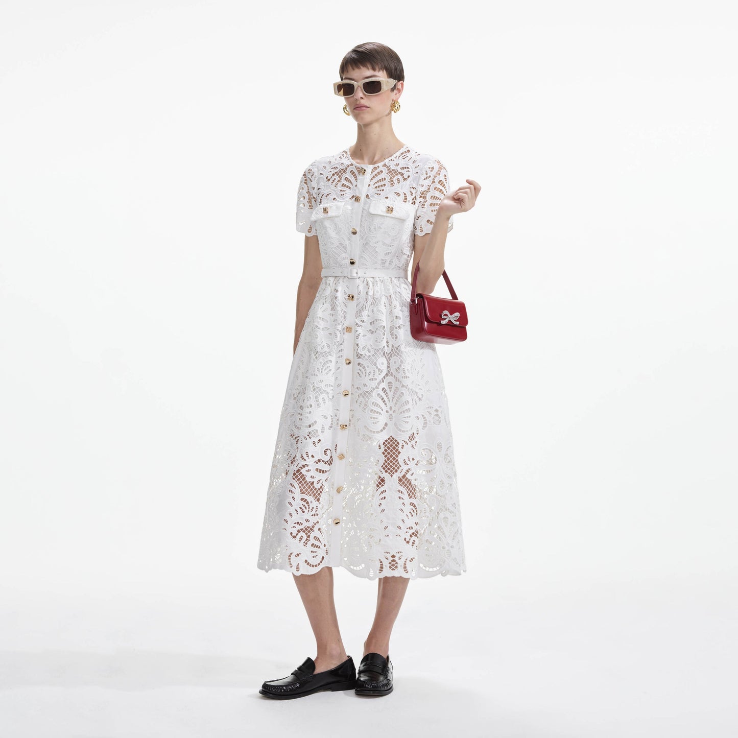 SP White Cotton Lace Button Midi Dress