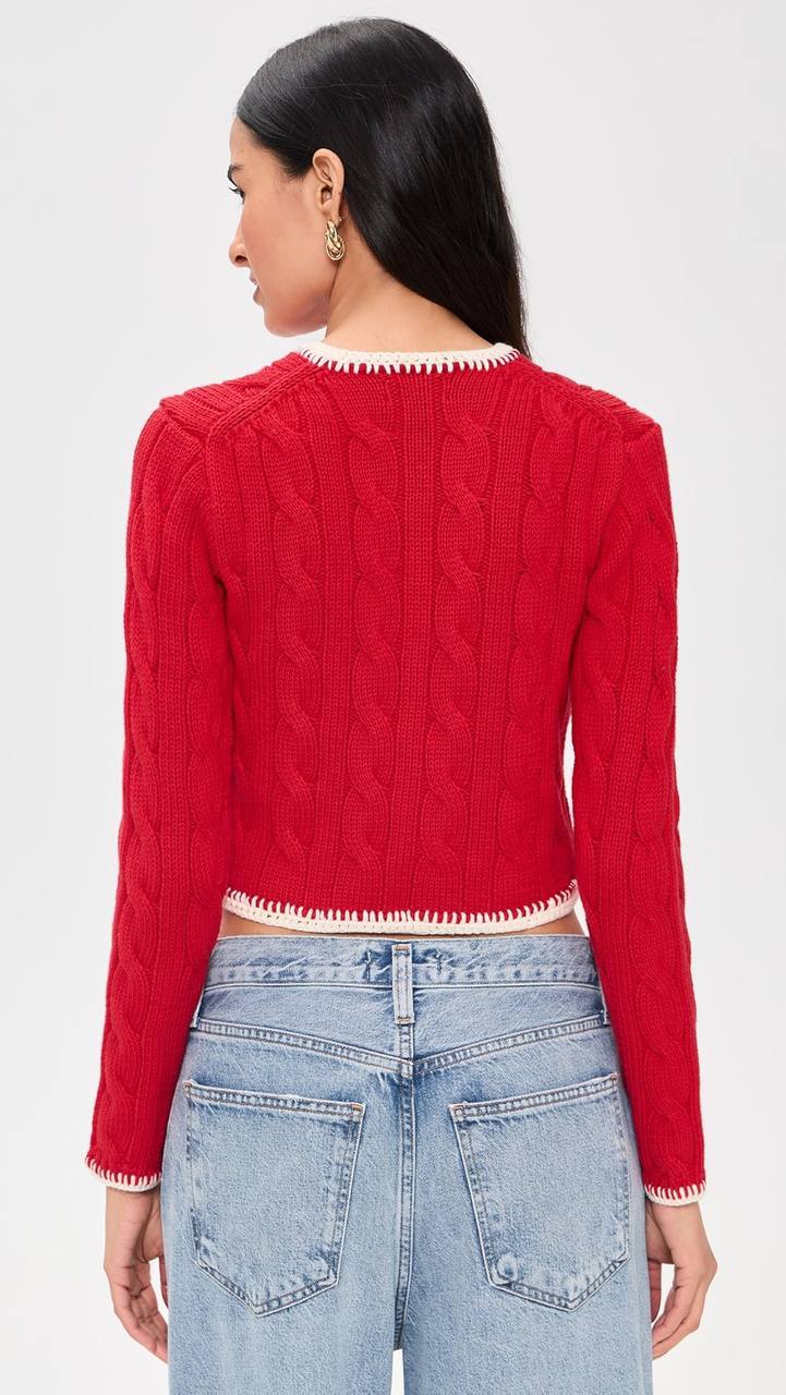 3 Colors! RL Whipstitch Trim Cable Stitch Cotton Cropped Cardigan
