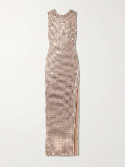 SP Silver Rhinestone Drape Maxi Dress