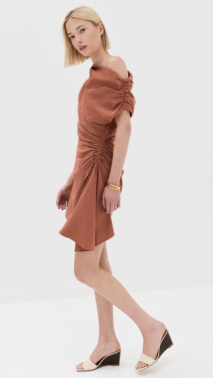 ALC Poppy Viscose-Linen One Shoulder Ruched Mini Dress