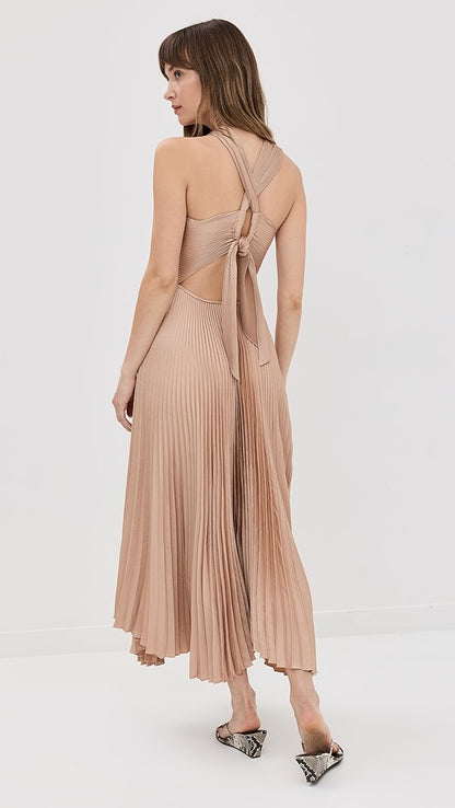 ALC Athena II Satin Pleated Halter Midi Dress in Bella Bronze Pink