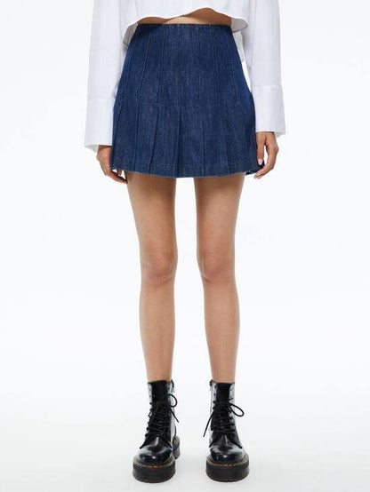 AO Carter Pleated Stretch-Cotton Denim Mini Skirt