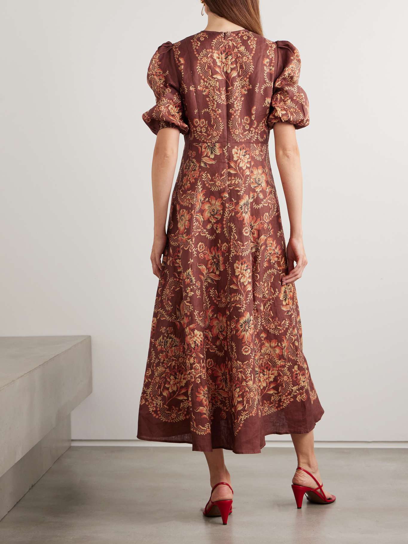 ALM Seraphina Printed Puff Sleeve Linen Midi Dress