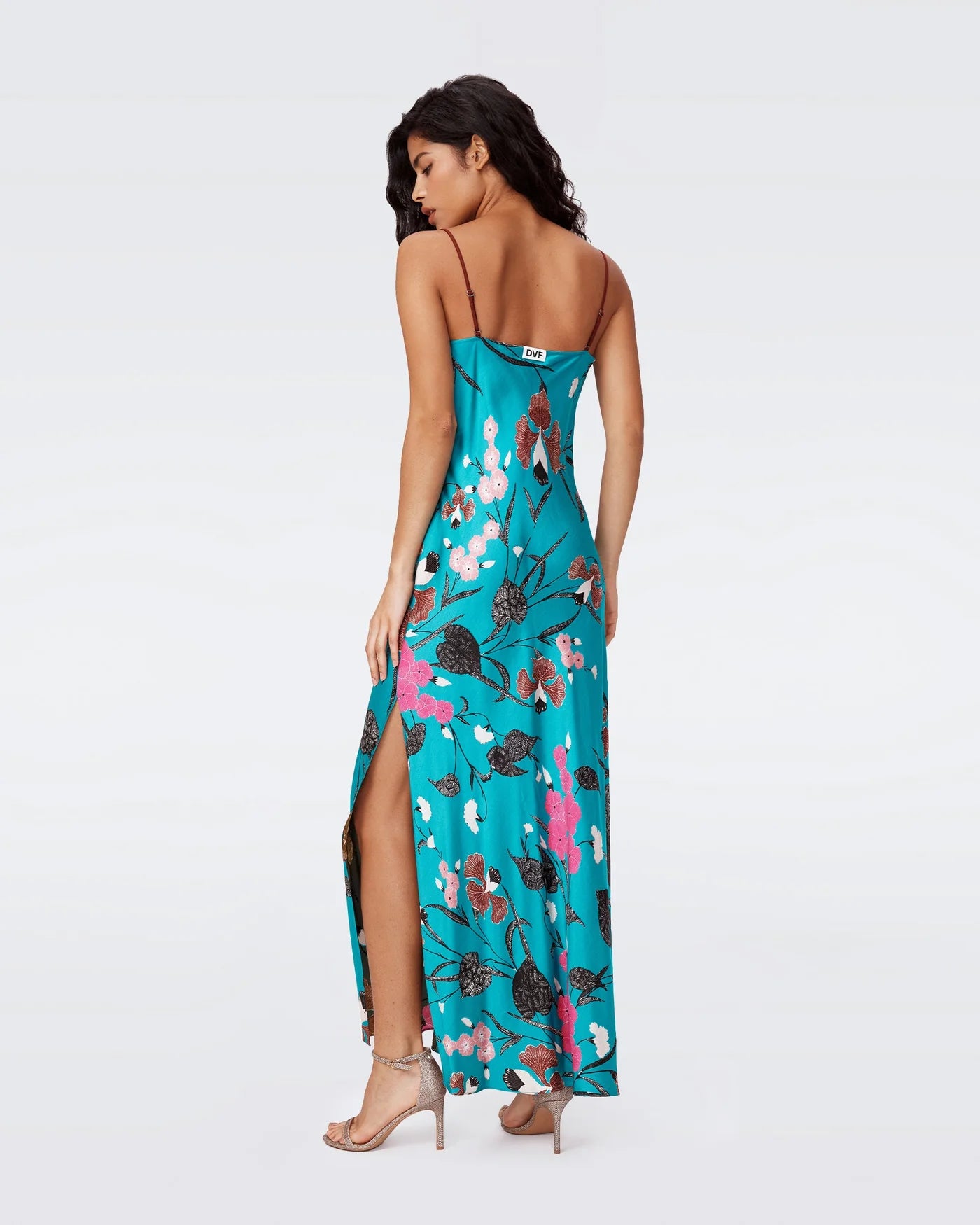 DVF Balbino Reversible Viscose Slip Maxi Dress in Festival Floral Teal and Olive