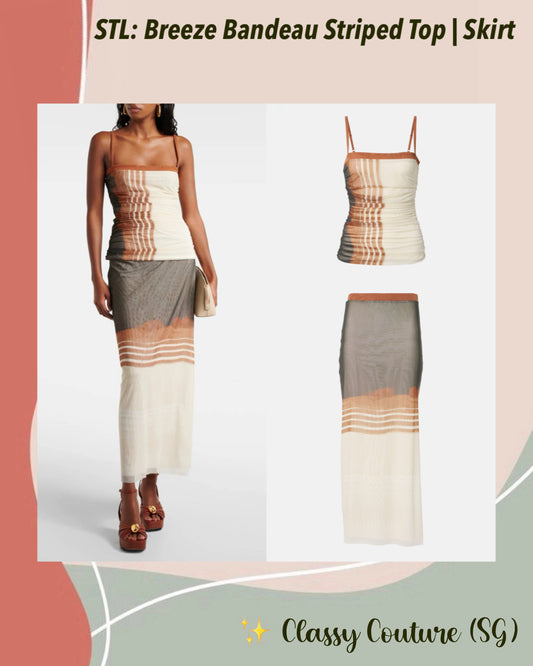 STL Breeze Bandeau Striped Top | Maxi Skirt | Chocolate Shoreline Stripe Mesh Set