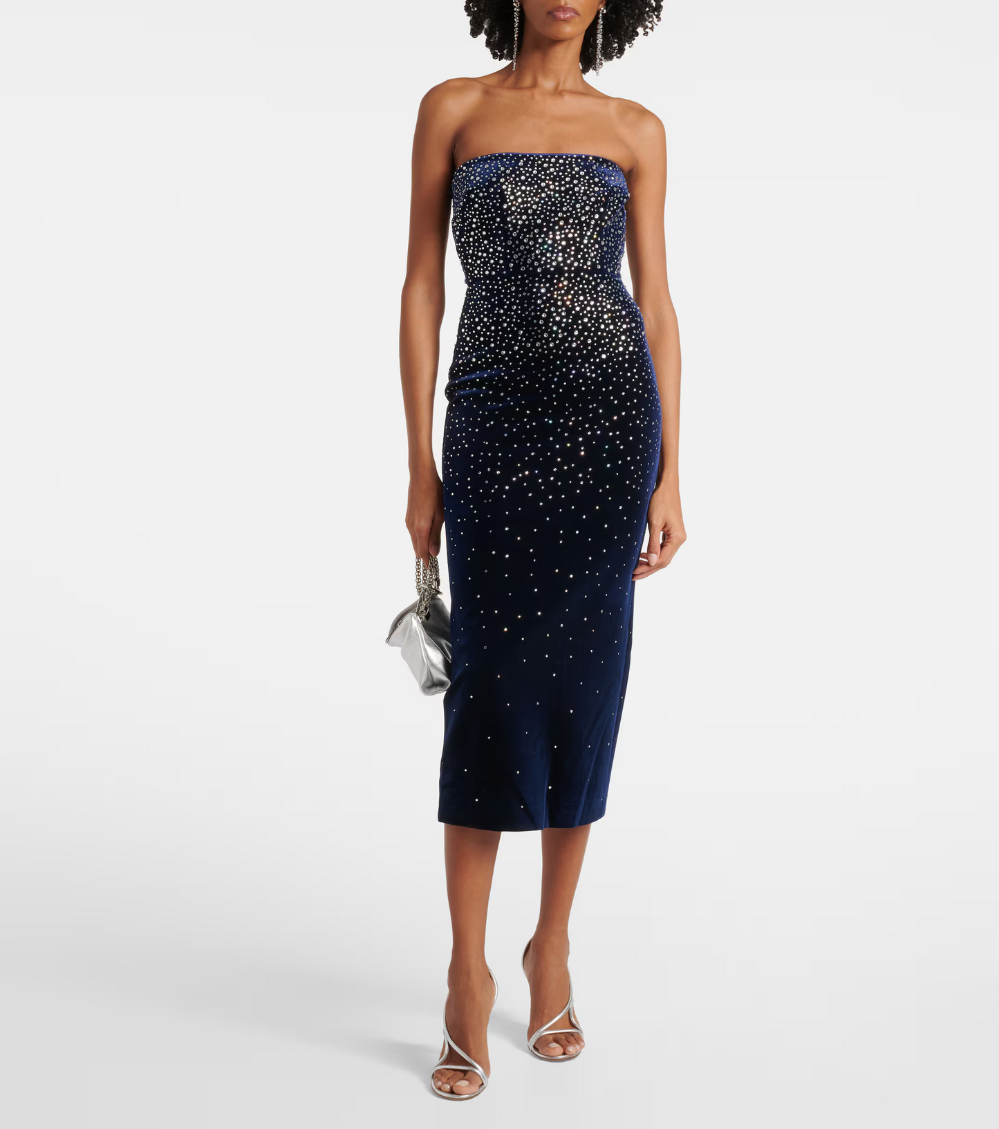 AP Black Strapless Crystal Embellished Velvet Midi Dress