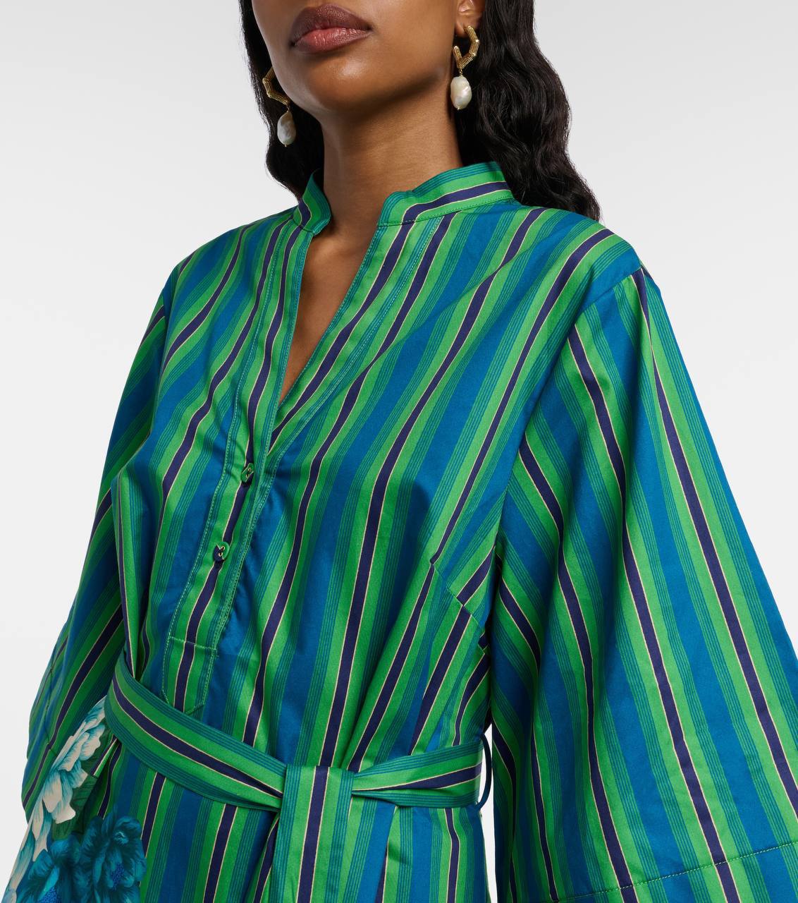 ALM004 Green/Blue Stripe Floral Bloom Organic-Cotton Mini Dress Shirtdress