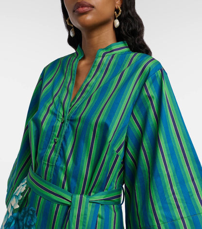 ALM004 Green/Blue Stripe Floral Bloom Organic-Cotton Mini Dress Shirtdress
