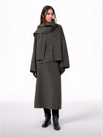 2 Colors! MM Kate Cropped Jacket (w Detachable Scarf) | Flared Midi Skirt | Double-Sided Wool Set